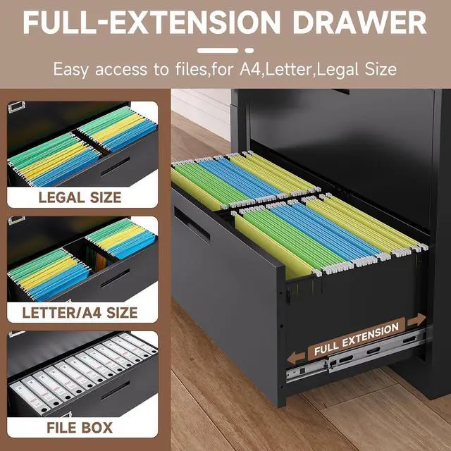 Alt view image 3 of 7 - 5 Drawer Lateral File Cabinet with Lock, Metal Filing Cabinets for Home Office, Wide Locking File Caninets, Black Office Storage Cabnet for Hanging Letter/Legal / A4 / F4 - Assembly Required