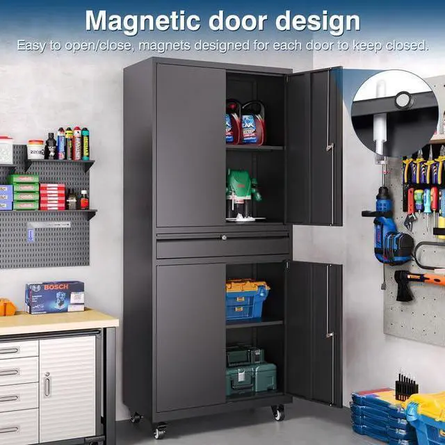 Alt view image 3 of 7 - Black Metal Storage Cabinet with Wheels, 73" Tall Garage Rolling Storage Cabinets with Doors and Shelves, Lockable Tool Caninet Steel Locking Cabnets for Home Office, Garage, Pantry