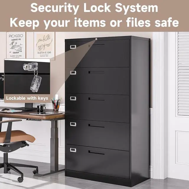 Alt view image 4 of 7 - 5 Drawer Lateral File Cabinet with Lock, Metal Filing Cabinets for Home Office, Wide Locking File Caninets, Black Office Storage Cabnet for Hanging Letter/Legal / A4 / F4 - Assembly Required
