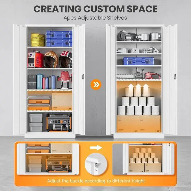 Alt view image 4 of 7 - Metal Garage Storage Cabinets with Lock, 71" Tall Tool Cabinet with 2 Door and 4 Adjustable Shelves, Locking Garage Cabinets and Lockable Steel Locker for Home Office Warehouse - (White-71H)