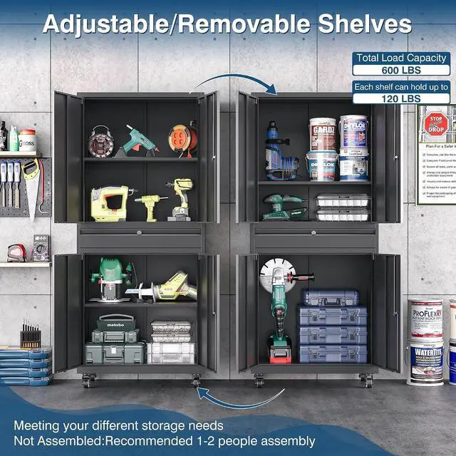 Alt view image 4 of 7 - Black Metal Storage Cabinet with Wheels, 73" Tall Garage Rolling Storage Cabinets with Doors and Shelves, Lockable Tool Caninet Steel Locking Cabnets for Home Office, Garage, Pantry