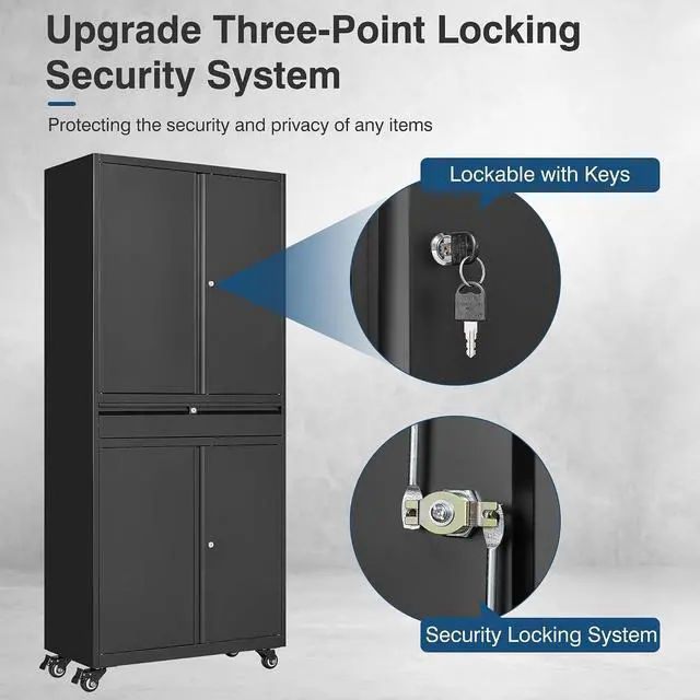 Alt view image 5 of 7 - Black Metal Storage Cabinet with Wheels, 73" Tall Garage Rolling Storage Cabinets with Doors and Shelves, Lockable Tool Caninet Steel Locking Cabnets for Home Office, Garage, Pantry