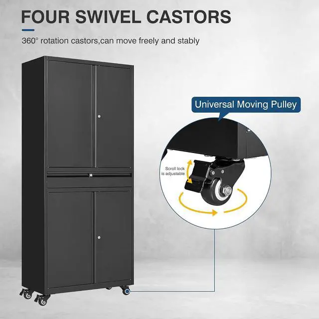 Alt view image 6 of 7 - Black Metal Storage Cabinet with Wheels, 73" Tall Garage Rolling Storage Cabinets with Doors and Shelves, Lockable Tool Caninet Steel Locking Cabnets for Home Office, Garage, Pantry