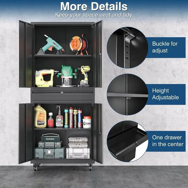 Alt view image 7 of 7 - Black Metal Storage Cabinet with Wheels, 73" Tall Garage Rolling Storage Cabinets with Doors and Shelves, Lockable Tool Caninet Steel Locking Cabnets for Home Office, Garage, Pantry