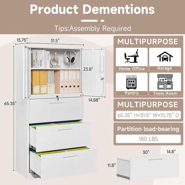 Alt view image 2 of 7 - Metal File Cabinets, Lateral Filing Cabinet with 3 Drawers, 65" H File Caninet for Home Office, Office Storage Caninets with Adjustable Shelves for Letter/Legal / A4 - Assembly Required