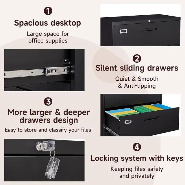 Alt view image 7 of 7 - 5 Drawer Lateral File Cabinet with Lock, Metal Filing Cabinets for Home Office, Wide Locking File Caninets, Black Office Storage Cabnet for Hanging Letter/Legal / A4 / F4 - Assembly Required