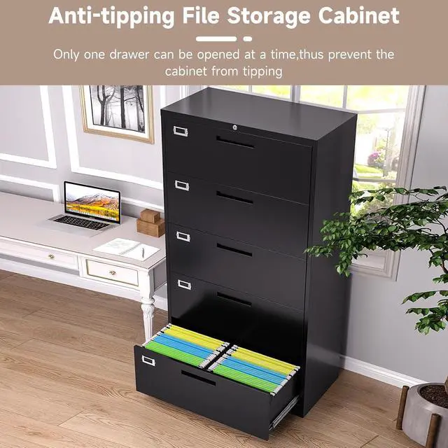 Alt view image 5 of 7 - 5 Drawer Lateral File Cabinet with Lock, Metal Filing Cabinets for Home Office, Wide Locking File Caninets, Black Office Storage Cabnet for Hanging Letter/Legal / A4 / F4 - Assembly Required