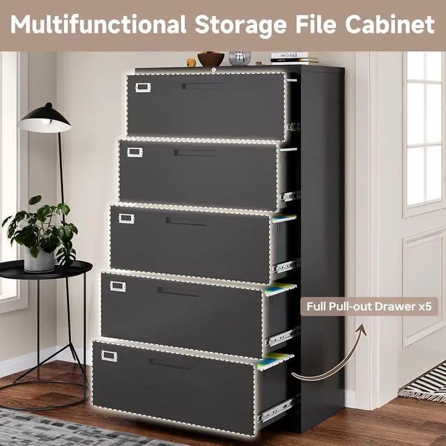 Alt view image 6 of 7 - 5 Drawer Lateral File Cabinet with Lock, Metal Filing Cabinets for Home Office, Wide Locking File Caninets, Black Office Storage Cabnet for Hanging Letter/Legal / A4 / F4 - Assembly Required
