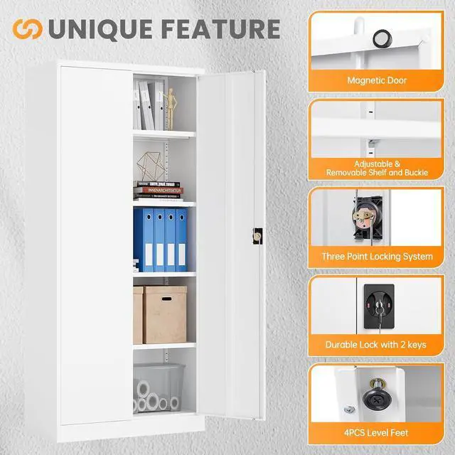 Alt view image 6 of 7 - Metal Garage Storage Cabinets with Lock, 71" Tall Tool Cabinet with 2 Door and 4 Adjustable Shelves, Locking Garage Cabinets and Lockable Steel Locker for Home Office Warehouse - (White-71H)