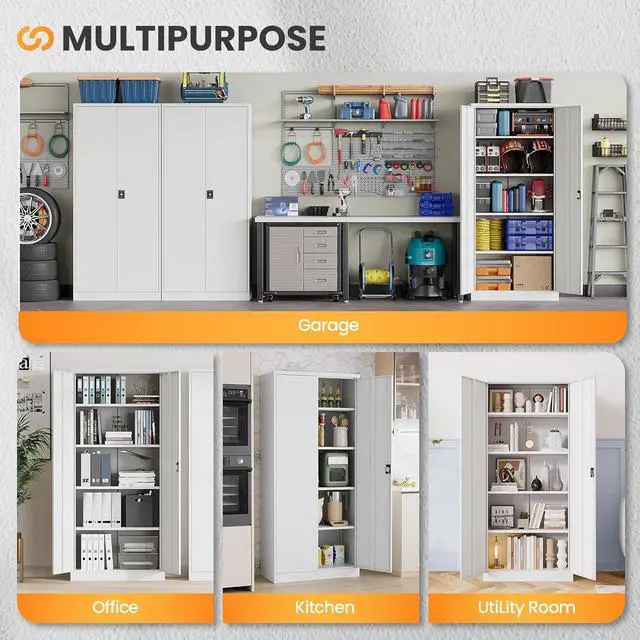 Alt view image 7 of 7 - Metal Garage Storage Cabinets with Lock, 71" Tall Tool Cabinet with 2 Door and 4 Adjustable Shelves, Locking Garage Cabinets and Lockable Steel Locker for Home Office Warehouse - (White-71H)