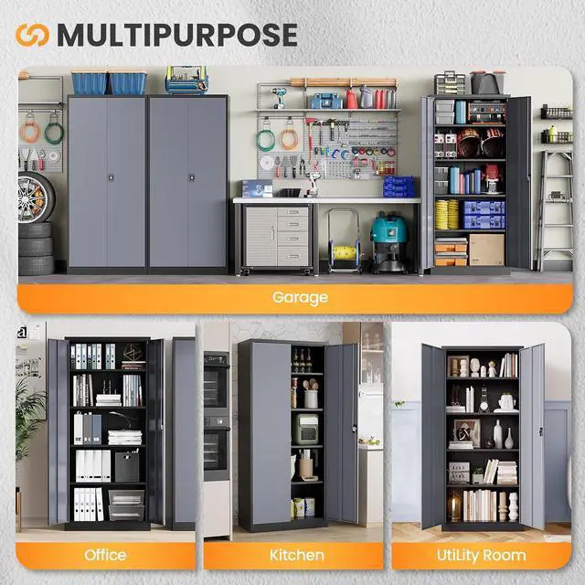 Alt view image 7 of 7 - Metal Garage Storage Cabinets with Lock, 71" Tall Tool Cabinet with 2 Door and 4 Adjustable Shelves, Locking Garage Cabinets and Lockable Steel Locker for Home Office Warehouse-(Black Gray-71H)