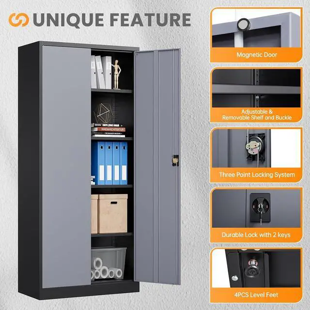 Alt view image 6 of 7 - Metal Garage Storage Cabinets with Lock, 71" Tall Tool Cabinet with 2 Door and 4 Adjustable Shelves, Locking Garage Cabinets and Lockable Steel Locker for Home Office Warehouse-(Black Gray-71H)