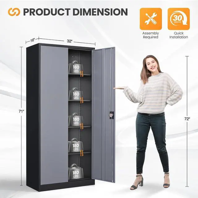 Alt view image 3 of 7 - Metal Garage Storage Cabinets with Lock, 71" Tall Tool Cabinet with 2 Door and 4 Adjustable Shelves, Locking Garage Cabinets and Lockable Steel Locker for Home Office Warehouse-(Black Gray-71H)