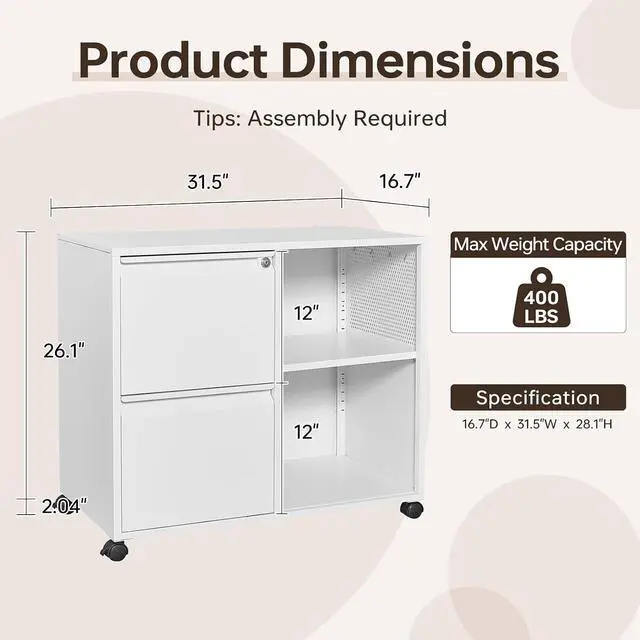 Alt view image 2 of 6 - 2 Drawer File Cabinet for Home Office, Rolling File Cabinets with Lock, Under Desk Metal Filing Caninet with Wheels for A4 / F4 / Letter/File Box, White-Assembly Required