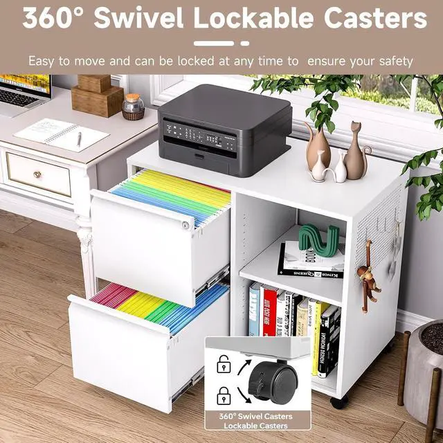 Alt view image 4 of 6 - 2 Drawer File Cabinet for Home Office, Rolling File Cabinets with Lock, Under Desk Metal Filing Caninet with Wheels for A4 / F4 / Letter/File Box, White-Assembly Required