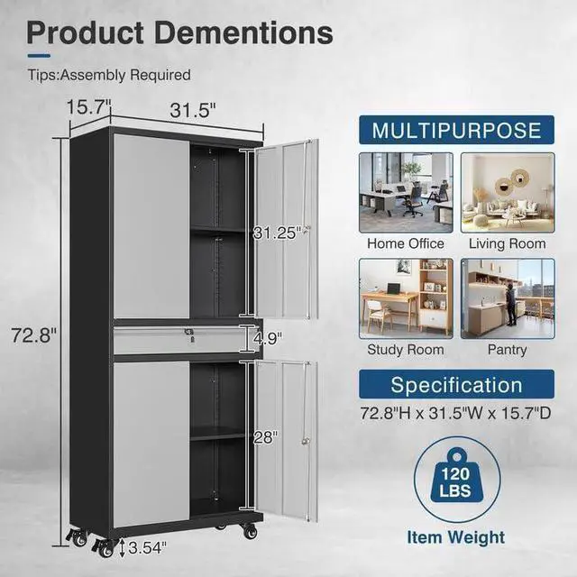 Alt view image 2 of 7 - Metal Storage Cabinet with Wheels, 73" Tall Garage Rolling Storage Cabinets with Doors and Shelves, Lockable Tool Caninet Steel Locking Cabnets for Home Office, Garage, Pantry