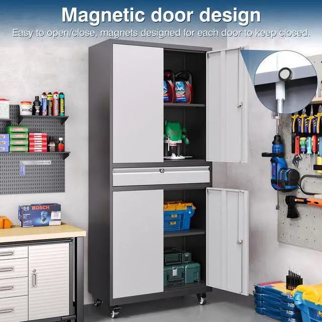 Alt view image 3 of 7 - Metal Storage Cabinet with Wheels, 73" Tall Garage Rolling Storage Cabinets with Doors and Shelves, Lockable Tool Caninet Steel Locking Cabnets for Home Office, Garage, Pantry