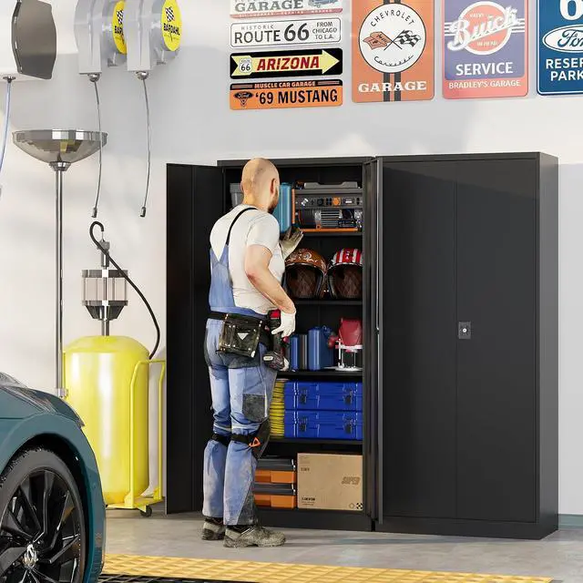 Alt view image 2 of 7 - Metal Garage Cabinets with Lock, 72" H Garage Storage Cabinet with 2 Doors and 4 Adjustable Shelves, Steel Locking Caninet Tall Tool Storage Cabinets, Lockable File Cabnet for Home Office