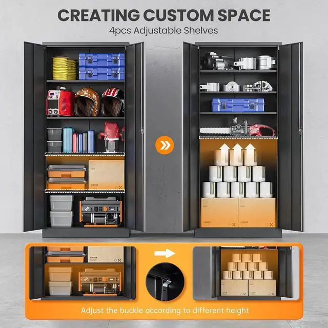 Alt view image 4 of 7 - Metal Garage Cabinets with Lock, 72" H Garage Storage Cabinet with 2 Doors and 4 Adjustable Shelves, Steel Locking Caninet Tall Tool Storage Cabinets, Lockable File Cabnet for Home Office
