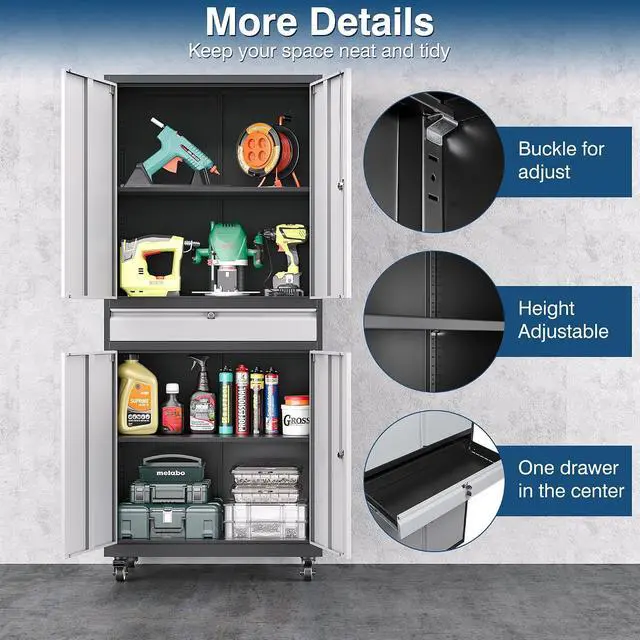 Alt view image 7 of 7 - Metal Storage Cabinet with Wheels, 73" Tall Garage Rolling Storage Cabinets with Doors and Shelves, Lockable Tool Caninet Steel Locking Cabnets for Home Office, Garage, Pantry