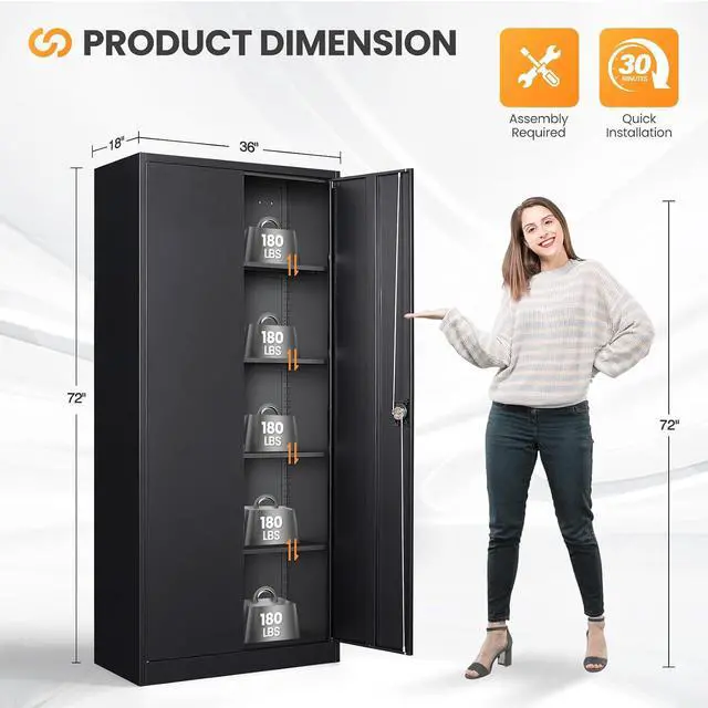 Alt view image 3 of 7 - Metal Garage Cabinets with Lock, 72" H Garage Storage Cabinet with 2 Doors and 4 Adjustable Shelves, Steel Locking Caninet Tall Tool Storage Cabinets, Lockable File Cabnet for Home Office
