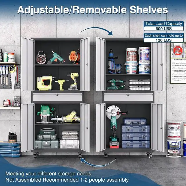 Alt view image 4 of 7 - Metal Storage Cabinet with Wheels, 73" Tall Garage Rolling Storage Cabinets with Doors and Shelves, Lockable Tool Caninet Steel Locking Cabnets for Home Office, Garage, Pantry