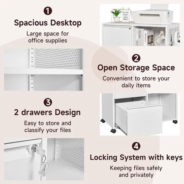 Alt view image 5 of 6 - 2 Drawer File Cabinet for Home Office, Rolling File Cabinets with Lock, Under Desk Metal Filing Caninet with Wheels for A4 / F4 / Letter/File Box, White-Assembly Required