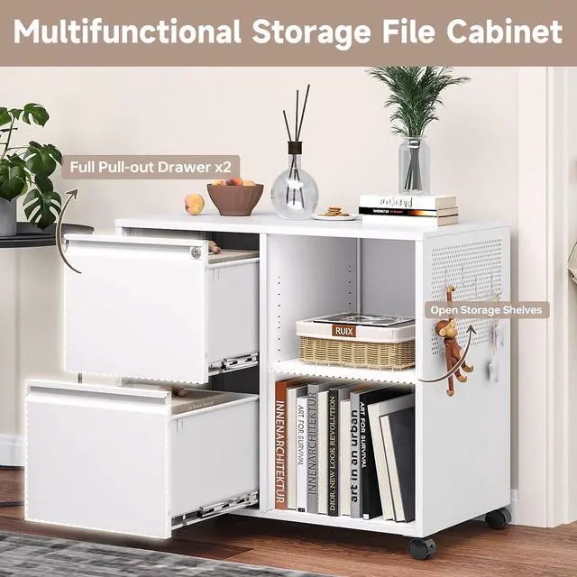 Alt view image 6 of 6 - 2 Drawer File Cabinet for Home Office, Rolling File Cabinets with Lock, Under Desk Metal Filing Caninet with Wheels for A4 / F4 / Letter/File Box, White-Assembly Required