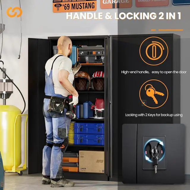 Alt view image 5 of 7 - Metal Garage Cabinets with Lock, 72" H Garage Storage Cabinet with 2 Doors and 4 Adjustable Shelves, Steel Locking Caninet Tall Tool Storage Cabinets, Lockable File Cabnet for Home Office