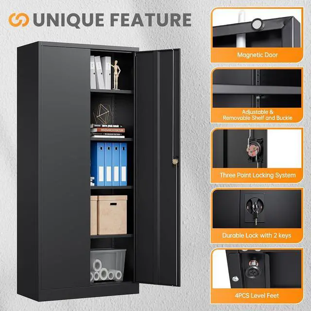 Alt view image 6 of 7 - Metal Garage Cabinets with Lock, 72" H Garage Storage Cabinet with 2 Doors and 4 Adjustable Shelves, Steel Locking Caninet Tall Tool Storage Cabinets, Lockable File Cabnet for Home Office