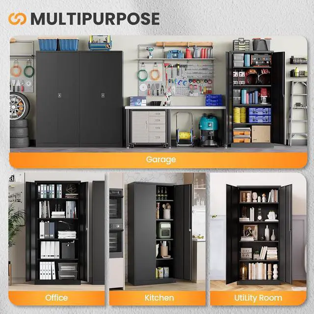 Alt view image 7 of 7 - Metal Garage Cabinets with Lock, 72" H Garage Storage Cabinet with 2 Doors and 4 Adjustable Shelves, Steel Locking Caninet Tall Tool Storage Cabinets, Lockable File Cabnet for Home Office