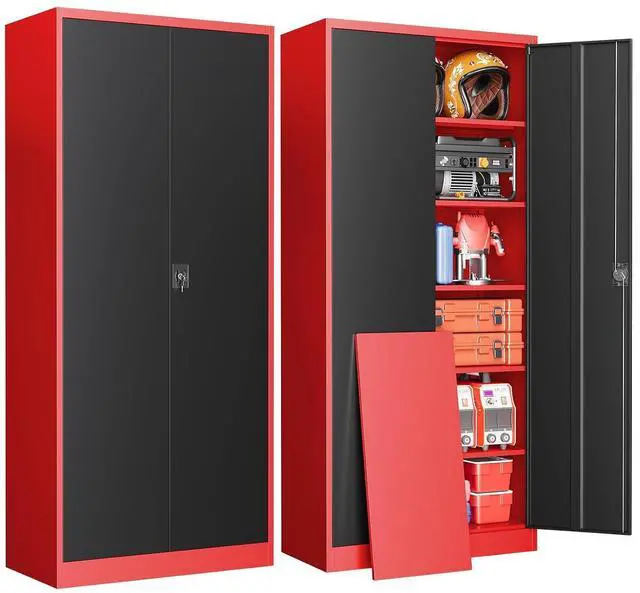 Main image of Metal Garage Storage Cabinets with Lock, 71" Tall Tool Cabinet with 2 Door and 5 Adjustable Shelves, Locking Garage Cabinets and Lockable Steel Locker for Home Office Warehouse-(Red Black-71H)