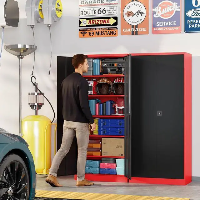 Alt view image 2 of 7 - Metal Garage Storage Cabinets with Lock, 71" Tall Tool Cabinet with 2 Door and 5 Adjustable Shelves, Locking Garage Cabinets and Lockable Steel Locker for Home Office Warehouse-(Red Black-71H)