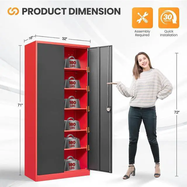 Alt view image 3 of 7 - Metal Garage Storage Cabinets with Lock, 71" Tall Tool Cabinet with 2 Door and 5 Adjustable Shelves, Locking Garage Cabinets and Lockable Steel Locker for Home Office Warehouse-(Red Black-71H)