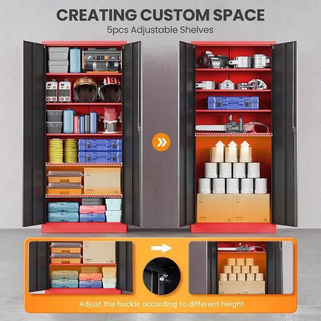 Alt view image 4 of 7 - Metal Garage Storage Cabinets with Lock, 71" Tall Tool Cabinet with 2 Door and 5 Adjustable Shelves, Locking Garage Cabinets and Lockable Steel Locker for Home Office Warehouse-(Red Black-71H)