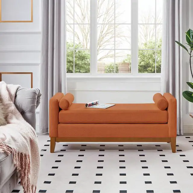 Alt view image 3 of 7 - 51" Bedroom Ottoman Bench with Rolled Pillows, Boucle Upholstered End of Bed Bench with Arms and Solid Wooden Foot, Comfort Padded Window Stool Entryway Footrest for Living Room, Apartment, Orange