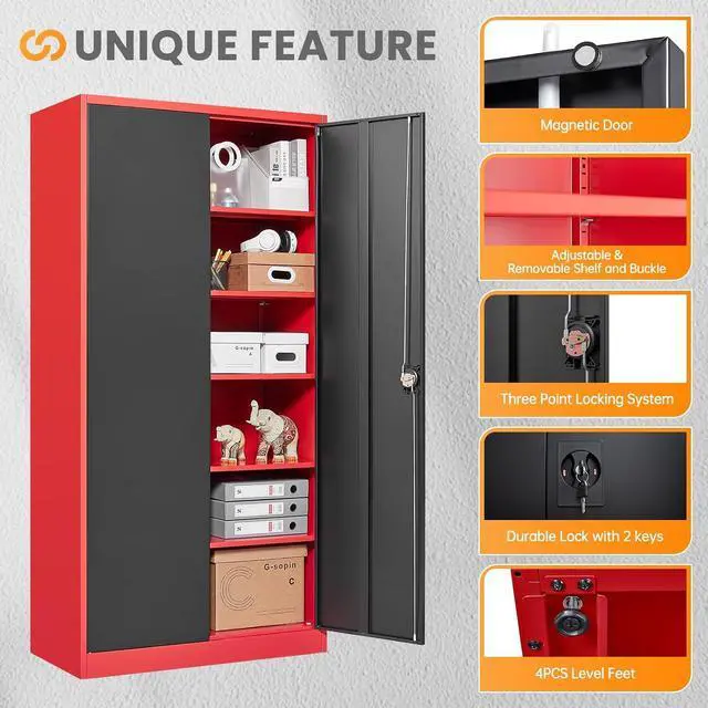 Alt view image 6 of 7 - Metal Garage Storage Cabinets with Lock, 71" Tall Tool Cabinet with 2 Door and 5 Adjustable Shelves, Locking Garage Cabinets and Lockable Steel Locker for Home Office Warehouse-(Red Black-71H)
