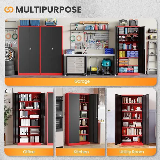 Alt view image 7 of 7 - Metal Garage Storage Cabinets with Lock, 71" Tall Tool Cabinet with 2 Door and 5 Adjustable Shelves, Locking Garage Cabinets and Lockable Steel Locker for Home Office Warehouse-(Red Black-71H)