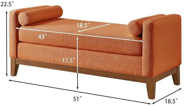 Alt view image 2 of 7 - 51" Bedroom Ottoman Bench with Rolled Pillows, Boucle Upholstered End of Bed Bench with Arms and Solid Wooden Foot, Comfort Padded Window Stool Entryway Footrest for Living Room, Apartment, Orange