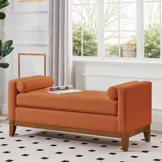 Alt view image 4 of 7 - 51" Bedroom Ottoman Bench with Rolled Pillows, Boucle Upholstered End of Bed Bench with Arms and Solid Wooden Foot, Comfort Padded Window Stool Entryway Footrest for Living Room, Apartment, Orange