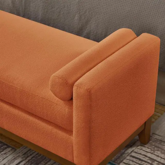 Alt view image 5 of 7 - 51" Bedroom Ottoman Bench with Rolled Pillows, Boucle Upholstered End of Bed Bench with Arms and Solid Wooden Foot, Comfort Padded Window Stool Entryway Footrest for Living Room, Apartment, Orange