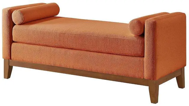 Alt view image 6 of 7 - 51" Bedroom Ottoman Bench with Rolled Pillows, Boucle Upholstered End of Bed Bench with Arms and Solid Wooden Foot, Comfort Padded Window Stool Entryway Footrest for Living Room, Apartment, Orange