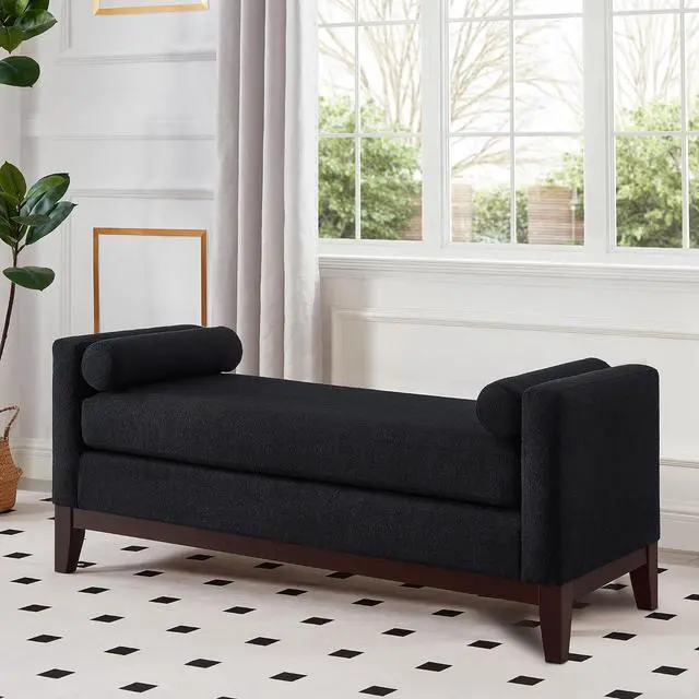 Alt view image 4 of 7 - 51" Bedroom Ottoman Bench with Rolled Pillows, Boucle Upholstered End of Bed Bench with Arms and Solid Wooden Foot, Comfort Padded Window Stool Entryway Footrest for Living Room, Apartment, Black