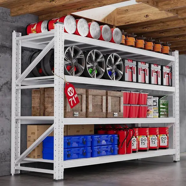 Main image of 71W Garage Shelving Units, 5000LBS Storage Shelves Heavy Duty, 24" Deep Metal Shelving Rack, 4 Tier Large Tall Industrial Shelving , Adjustable Standing Shelf for Warehouse / Shop 71"W x 24"D x 70"H