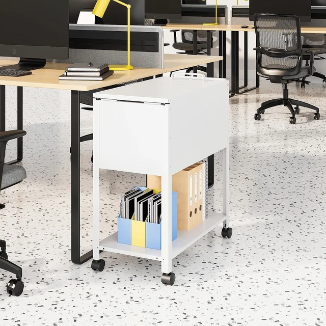 Alt view image 2 of 7 - Mobile File Cart, 2-Tier Rolling File Cart with Wheels Hanging Files, Metal File Cabinet with Lock and Sliding Covers for A4/Letter/Legal Size, White