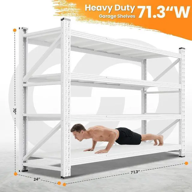 Alt view image 2 of 7 - 71W Garage Shelving Units, 5000LBS Storage Shelves Heavy Duty, 24" Deep Metal Shelving Rack, 4 Tier Large Tall Industrial Shelving , Adjustable Standing Shelf for Warehouse / Shop 71"W x 24"D x 70"H