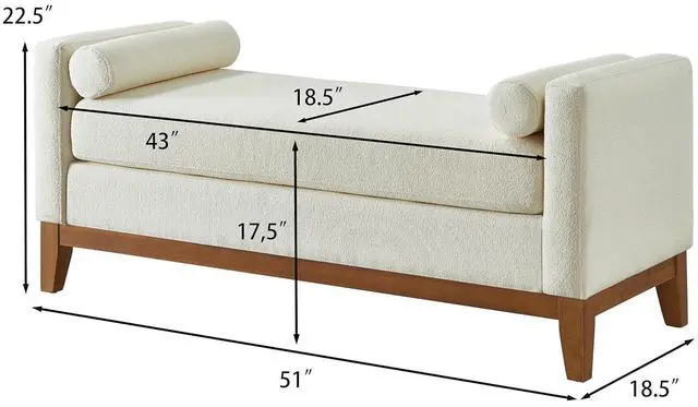 Alt view image 2 of 7 - 51" Bedroom Ottoman Bench with Rolled Pillows, Boucle Upholstered End of Bed Bench with Arms and Solid Wooden Foot, Comfort Padded Window Stool Entryway Footrest for Living Room, Apartment, Beige