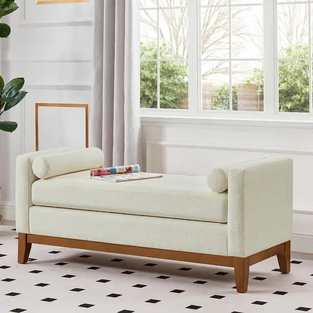 Alt view image 4 of 7 - 51" Bedroom Ottoman Bench with Rolled Pillows, Boucle Upholstered End of Bed Bench with Arms and Solid Wooden Foot, Comfort Padded Window Stool Entryway Footrest for Living Room, Apartment, Beige