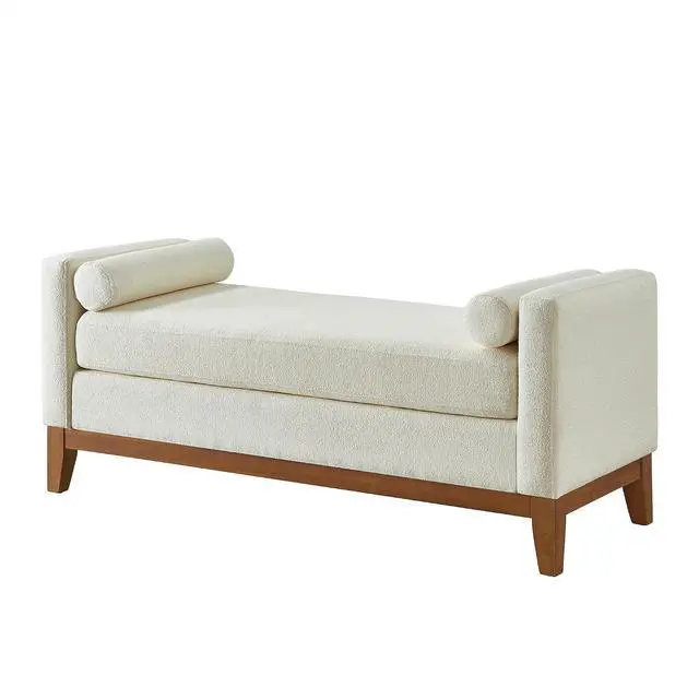 Alt view image 6 of 7 - 51" Bedroom Ottoman Bench with Rolled Pillows, Boucle Upholstered End of Bed Bench with Arms and Solid Wooden Foot, Comfort Padded Window Stool Entryway Footrest for Living Room, Apartment, Beige