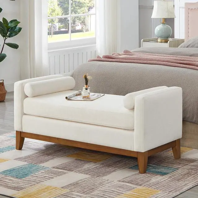 Main image of 51" Bedroom Ottoman Bench with Rolled Pillows, Boucle Upholstered End of Bed Bench with Arms and Solid Wooden Foot, Comfort Padded Window Stool Entryway Footrest for Living Room, Apartment, Ivory